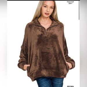 NEW Zenana Cozy Brown Fleece Pullover for Women size Large 🌸🌺🌹BC BAG 05